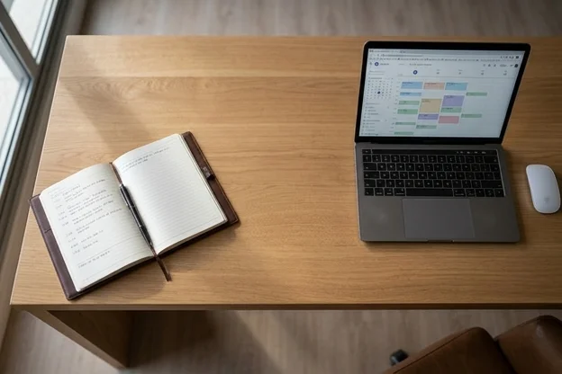 Mesa de carvalho com agenda física de couro e notebook com sistema digital aberto, espaço vazio entre os dois