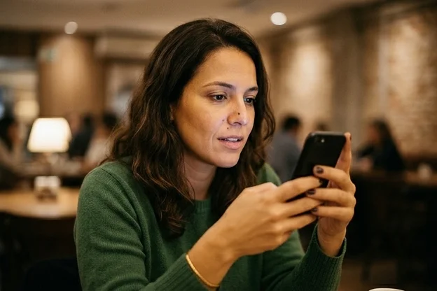 Mulher brasileira segurando celular à noite com expressão de espera, ambiente interno com luz quente ao fundo