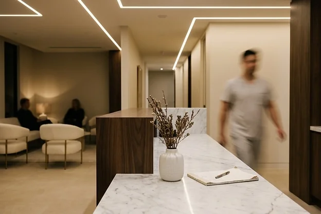 Recepção de consultório odontológico premium com figura em movimento borrado passando atrás do balcão, sala de espera ao fundo