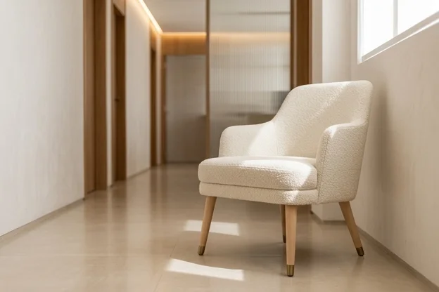 Cadeira de espera vazia em corredor de clínica boutique brasileira com luz lateral vinda de janela