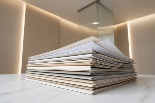 Perspectiva de baixo para cima em pilha de fichas clínicas com topo em branco revelando folhas vazias