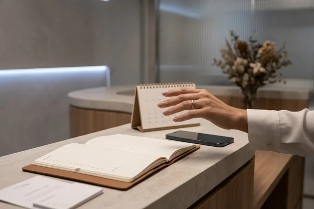 Mão da recepção pausa sobre agenda de consultas aberta em clínica, antes de decidir o próximo contato