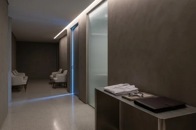 Corredor de clínica no fim do dia com sala vazia e luz baixa depois de horários que não aconteceram