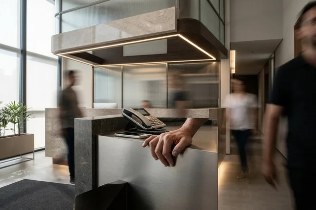 Recepção de clínica em movimento, com mão parada no balcão sob pressão de pedidos de encaixe