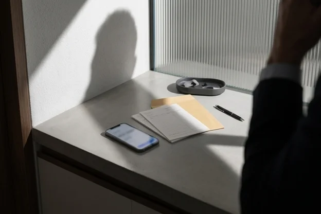 Sombra sobre celular e fichas sem texto mostra promessa de cuidado quebrando na rotina da clínica