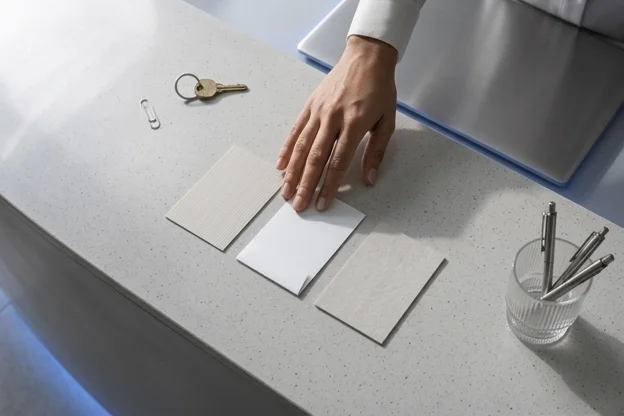 Mão organiza cartões de disponibilidade em recepção de clínica sem mensagens visíveis