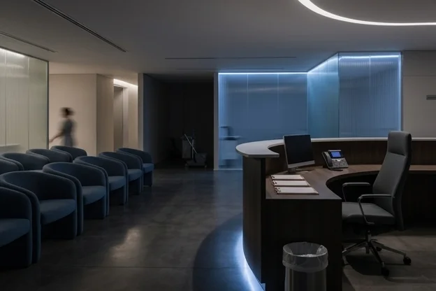 Recepção vazia de clínica com luzes acesas e sinais de rotina extra sem pacientes.