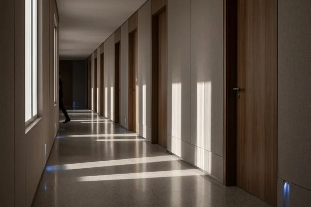 Corredor de clínica com luz repetida em portas fechadas, sugerindo rotina que precisa se provar.