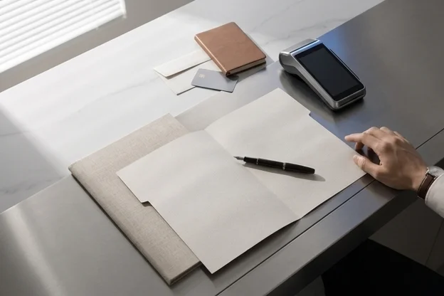 Mesa de clínica vista de cima com documentos virados e comprovante sem texto, sugerindo pendência parada.