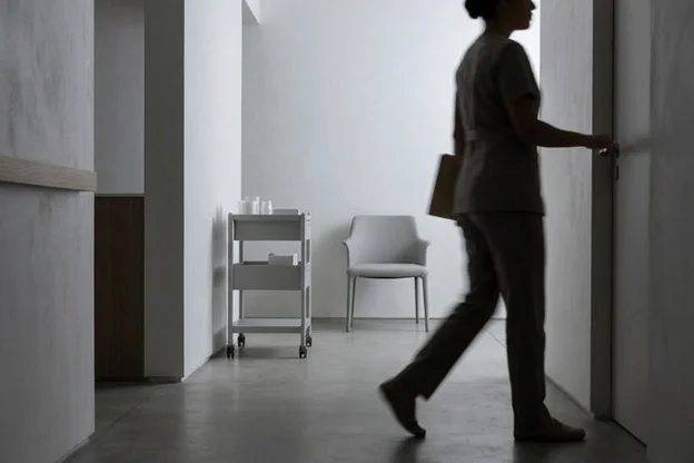 Corredor de clínica com figura em movimento borrada e luz fria, sugerindo aceleração da equipe.