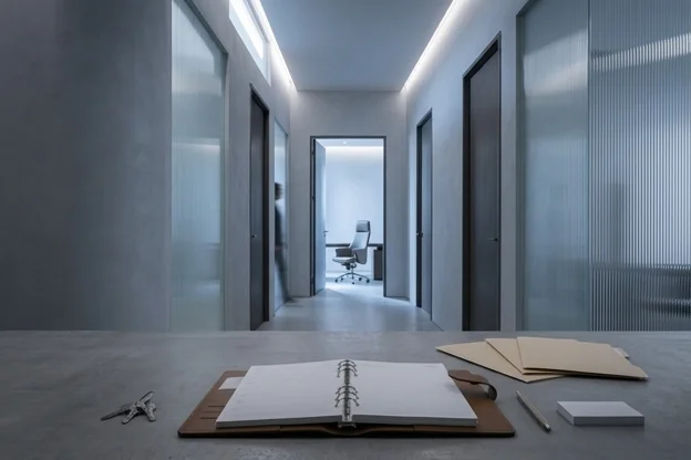 Corredor de clínica com portas voltadas para a sala vazia do dono.