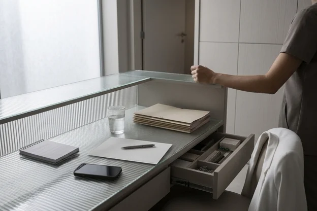 Bastidor de clínica com telefone e materiais indicando atenção operacional após o atendimento