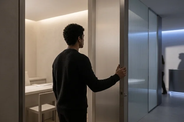 Dono de clínica visto de costas interrompido na porta enquanto tenta manter concentração