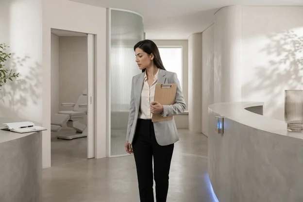 Coordenadora de clínica reage a aviso automático discreto durante a rotina