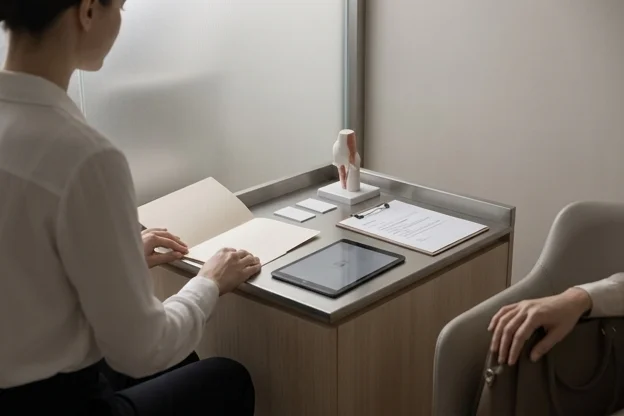 Mesa de acolhimento em clínica com materiais organizados antes da conversa com paciente