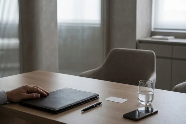Mesa de atendimento em clínica com pasta fechada e cadeira vazia após conversa difícil