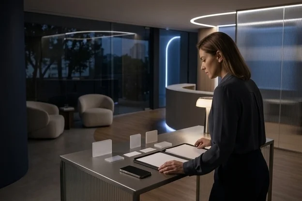 Gestora de clínica revisa cartões anônimos de atendimento automatizado em mesa reservada.