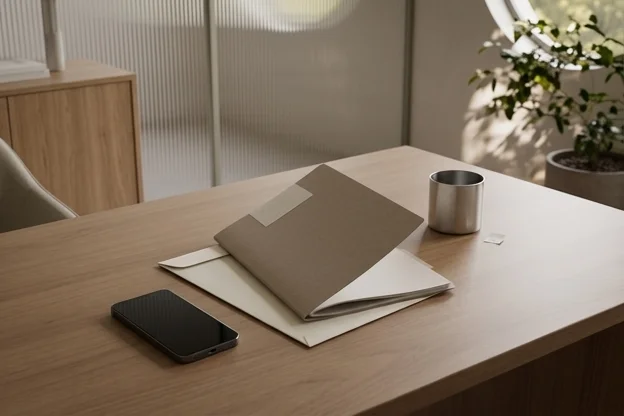 Mesa reservada com pasta, celular apagado e envelope para reduzir circulação de dados sensíveis.