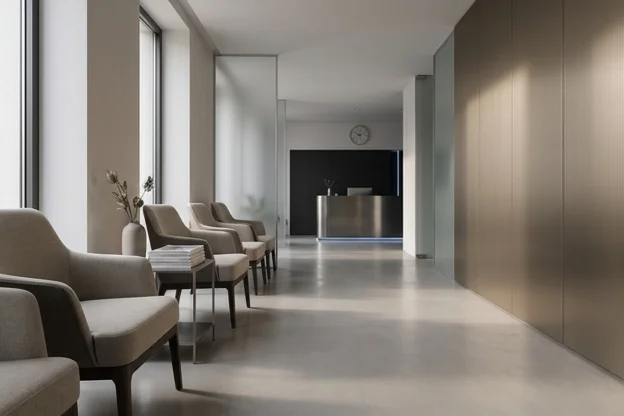 Sala de espera vazia em clínica particular com cadeiras alinhadas e recepção ao fundo