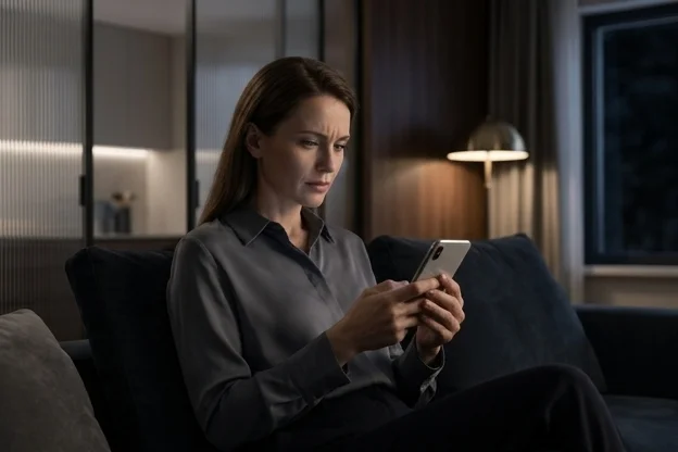 Mulher olhando para celular à noite com expressão de tensão, tela iluminada mas sem conteúdo legível