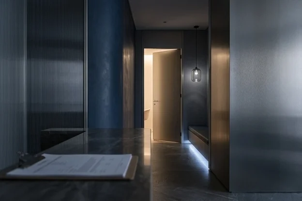 Corredor de clínica com porta entreaberta, instante de silêncio entre um atendimento e outro