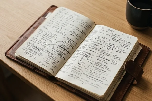 Agenda manuscrita aberta com anotações densas, símbolo de alguém que conecta pessoas ao redor