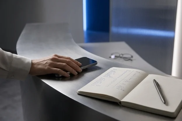 Mão segurando celular virado ao lado de caderno com horários anotados em recepção de clínica