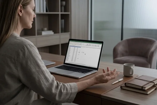 Dona de clínica diante do notebook com planilha de custos aberta, mão pausada sobre a mesa