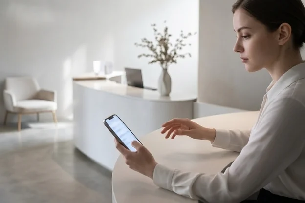 Recepcionista de clínica com celular na mão, gesto suspenso, hesitando antes de responder