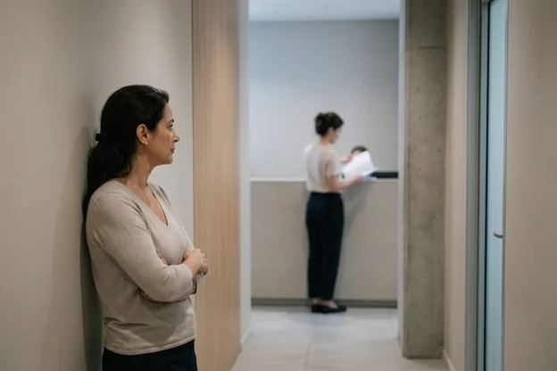 Dona de clínica observa de longe recepcionista nova consultando protocolo impresso na recepção