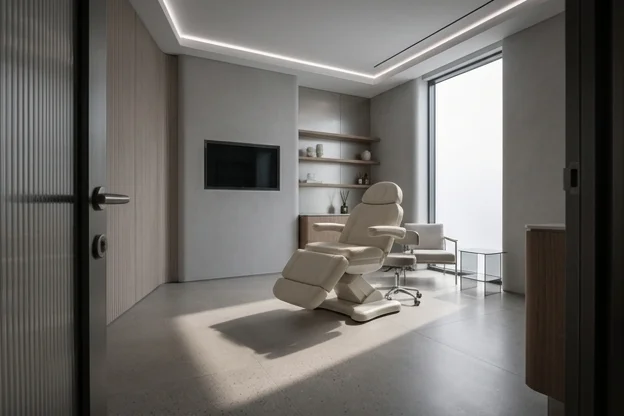 Sala de atendimento de clínica particular vazia, com luz natural incidindo no piso