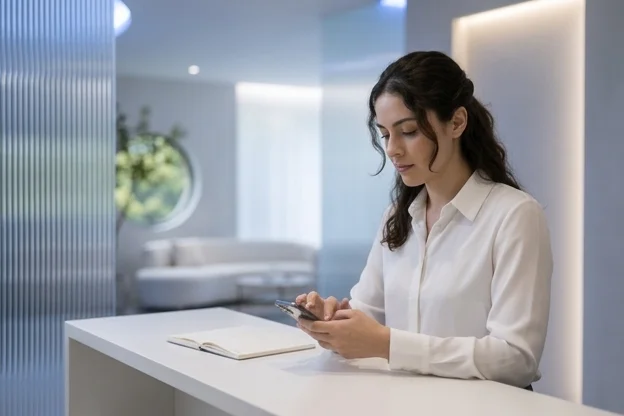 Recepcionista de clínica premium focada no celular, checando lista de follow-up no início da manhã