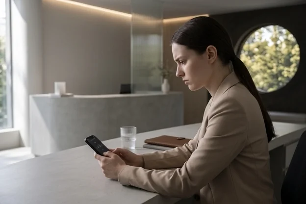 Recepcionista de clínica olha para celular com expressão preocupada diante de problema inesperado no sistema