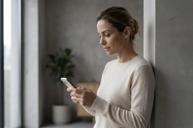 Paciente lendo mensagem no celular com aparente confiança, sem questionar a informação recebida