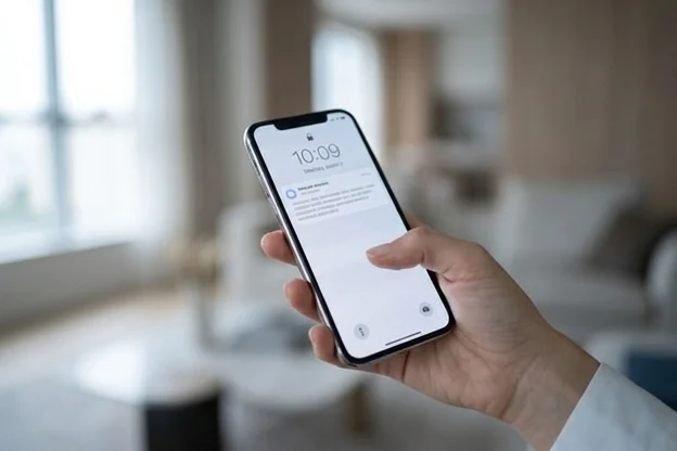 Mão feminina segurando smartphone com notificação acesa, momento de decisão sobre qual clínica agendar