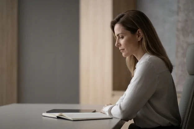 Mulher de perfil sobre caderno aberto em mesa minimalista, postura de quem encontrou uma resposta importante