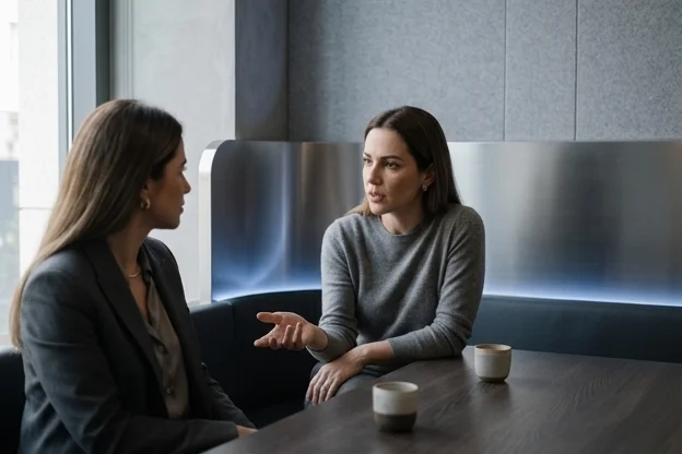 Duas mulheres conversando em ambiente discreto, uma inclinada para frente em tom confidencial, sem poses