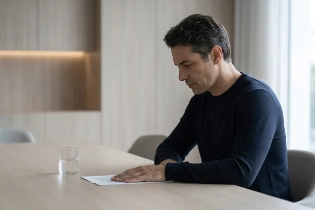 Homem de lado lendo documento sobre mesa minimalista com atenção concentrada, mão espalmada sobre o papel