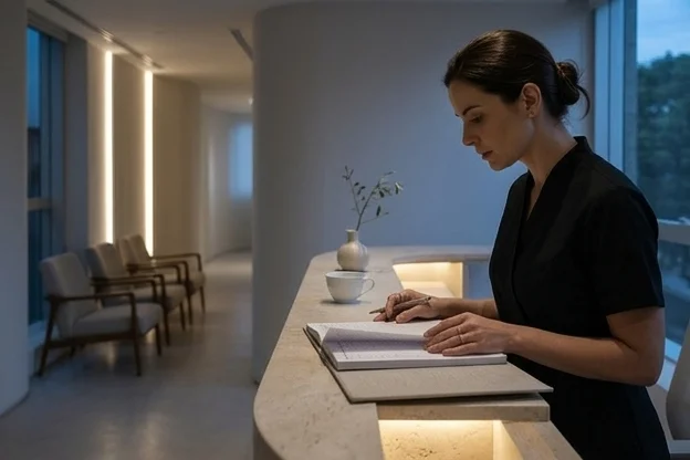 Recepcionista fecha à mão o livro de agendamentos numa clínica boutique ao entardecer