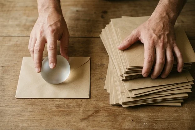 Mãos separando envelopes de papel, um isolado sob um peso de vidro, longe do restante da pilha