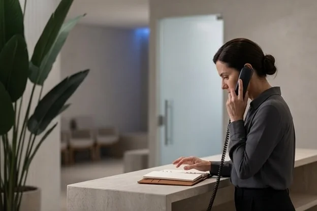 Recepcionista de clínica ao telefone, mão parada sobre agenda antes de falar o preço
