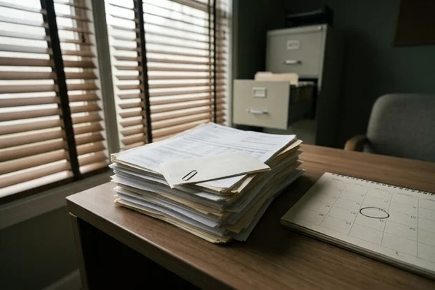Mesa de escritório vazia com extratos de convênio empilhados e calendário marcado para o prazo de recurso.