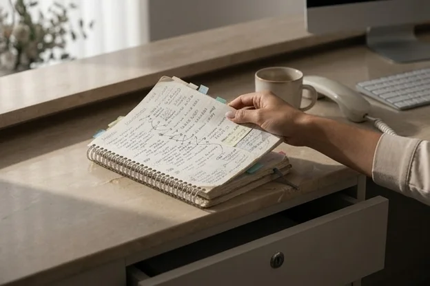 Mão fechando caderno de anotações manuscritas sobre balcão de recepção de clínica