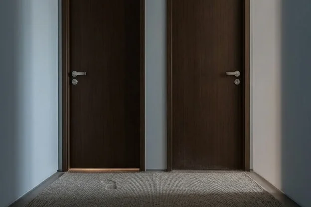 Duas portas iguais em corredor de clínica, uma com luz recente sob a soleira, outra coberta de poeira