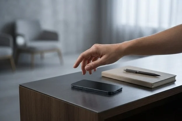 Mão de recepcionista parada perto de celular apagado, decidindo não enviar mais uma mensagem