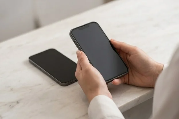 Mãos comparando dois celulares no balcão de uma clínica, checando se o silêncio da IA é real