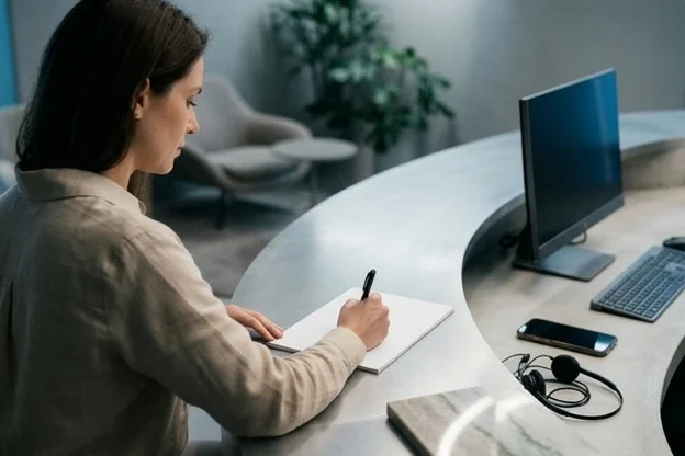 Secretária em clínica boutique com bloco em branco e celular ao lado do teclado