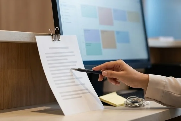 Mão marca checklist impresso preso ao monitor na recepção da clínica