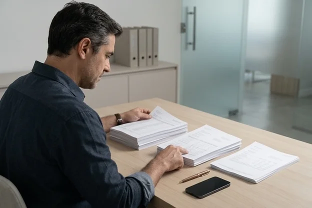 Dono de clínica confere três pilhas de extratos e agenda sobre mesa administrativa