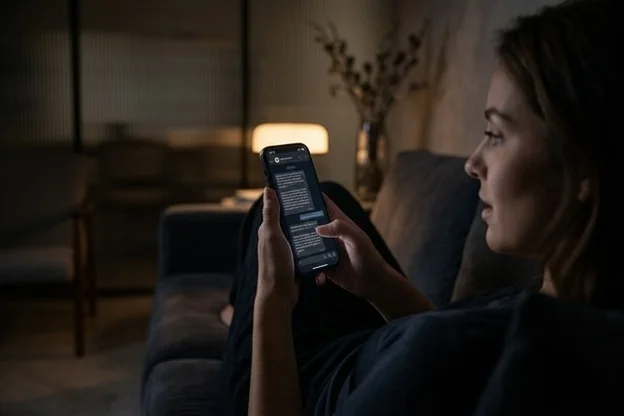 Mulher de perfil em sala escura à noite lê resposta inesperada no celular